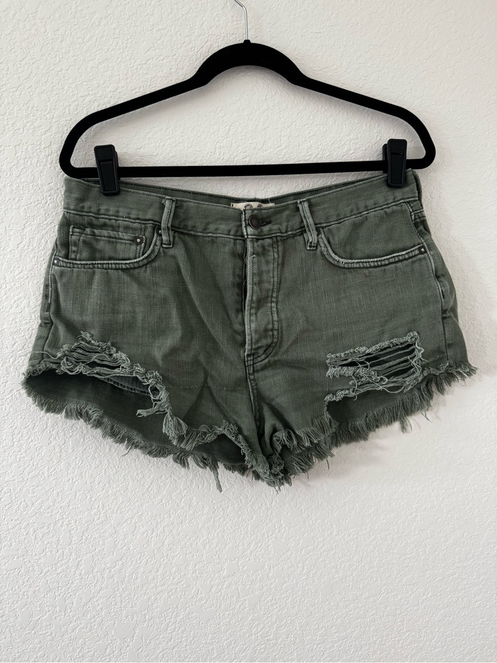 We The Free Loving Good Vibrations Denim Cutoff Shorts Olive Green